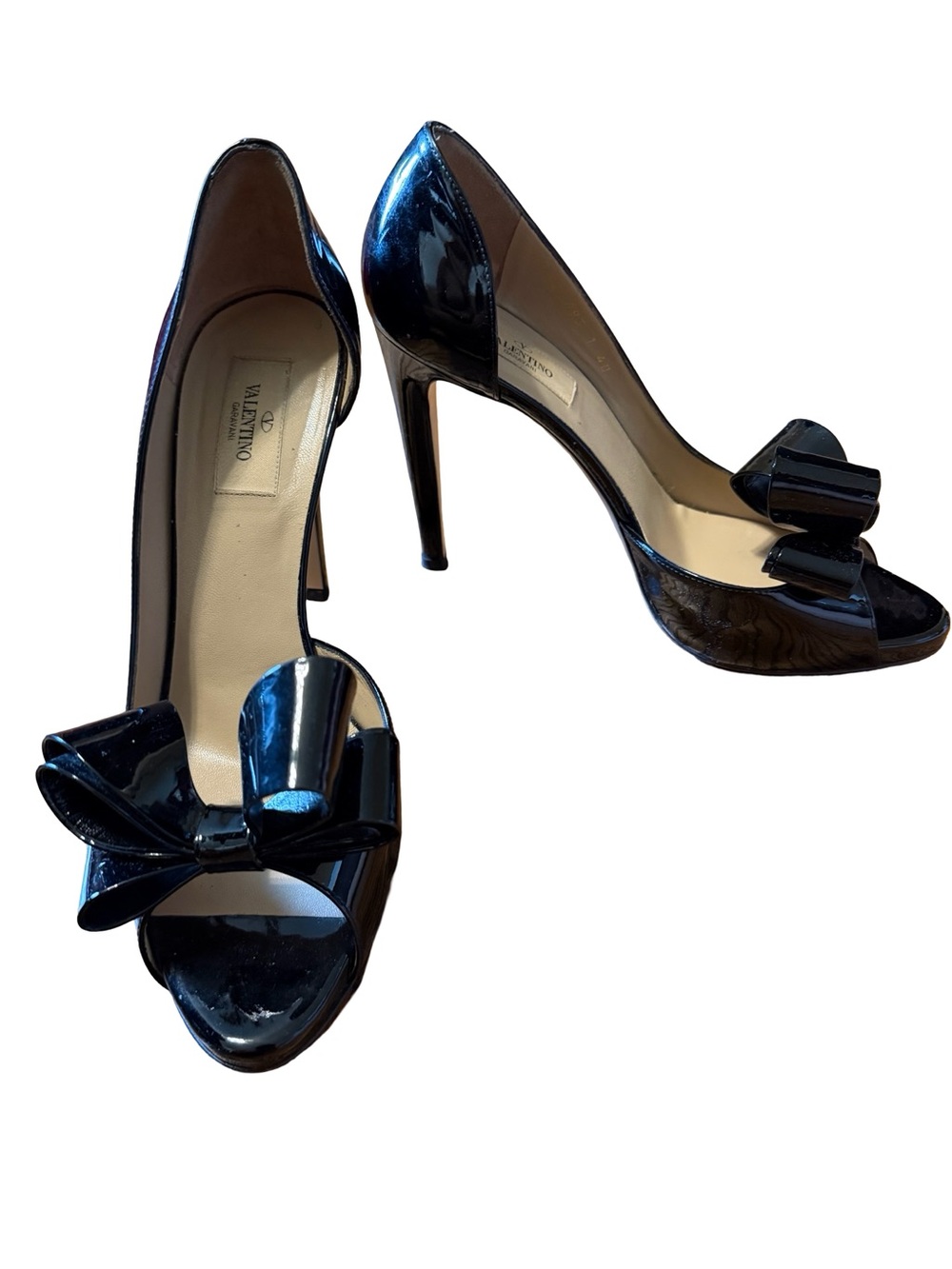 Valentino Garavani Black Patent Leather Bow Peep-Toe Pumps